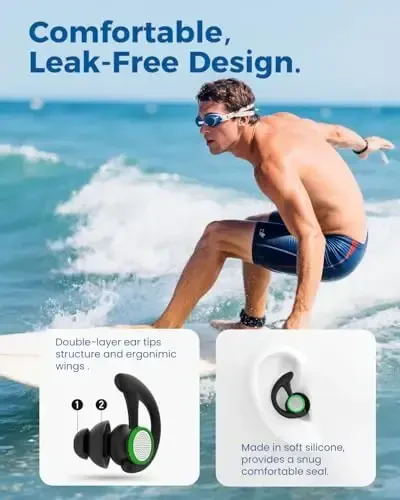 Ear Plugs for Swimming – 2 Pairs Soft Silicone Reusable Waterproof Earplugs for Adults & Men Women, Custom Fit for Swimmers Ear, Pool, Beach, Snorkeling, Surfing, Kickboard Training(Black) - 3