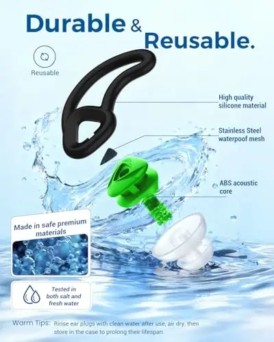 Ear Plugs for Swimming–2 Pairs Soft Silicone Reusable Waterproof Earplugs for Adults & Men Women, Custom Fit for Swimmers Ear, Pool, Beach, Snorkeling, Surfing, Kickboard Training(Green) - 4