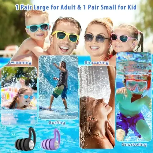 Swimming Ear Plugs Waterproof Earplugs - 2 Pairs Silicone Swim Ear Plugs for Adult Kids, Water Sports Earplugs for Showering, Bathing, Surfing - Keep Ear Water Out - 5
