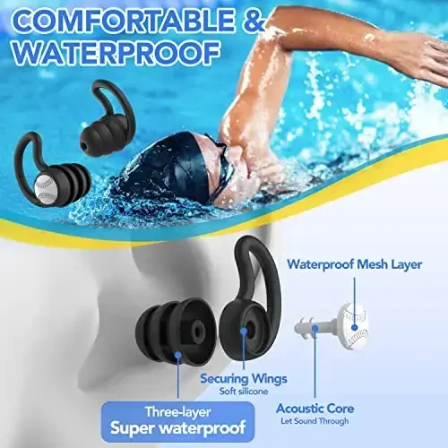 Swimming Ear Plugs Waterproof Earplugs - 2 Pairs Silicone Swim Ear Plugs for Adult Kids, Water Sports Earplugs for Showering, Bathing, Surfing - Keep Ear Water Out (Green, Black) - WLSCTY (1)