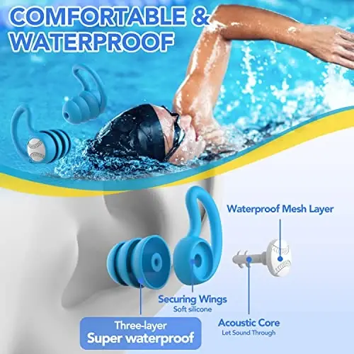 Swimming Ear Plugs Waterproof Earplugs - 3 Pairs Silicone Swim Ear Plugs for Adult Kids, Water Sports Earplugs for Showering, Bathing, Surfing - Keep Ear Water Out (Blue,Pink,Orange, One Size) - SWIMMING (1)
