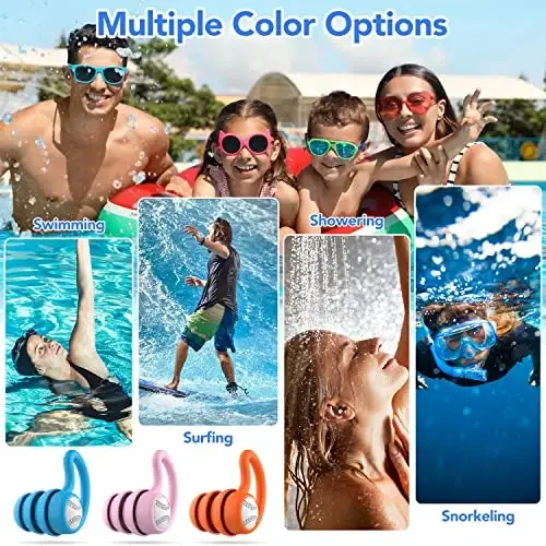 Swimming Ear Plugs Waterproof Earplugs - 3 Pairs Silicone Swim Ear Plugs for Adult Kids, Water Sports Earplugs for Showering, Bathing, Surfing - Keep Ear Water Out (Blue,Pink,Orange, One Size) - 5