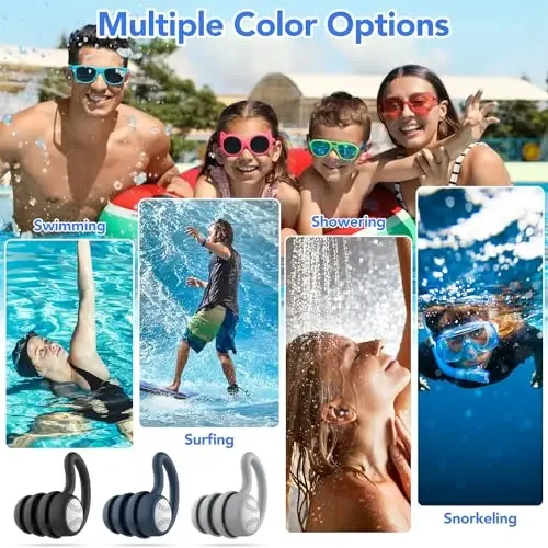 Swimming Ear Plugs Waterproof Earplugs - 3 Pairs Silicone Swim Ear Plugs for Adult Kids, Water Sports Earplugs for Showering, Bathing, Surfing - Keep Ear Water Out (Naxy Blue,Grey,Black, One Size) - 5