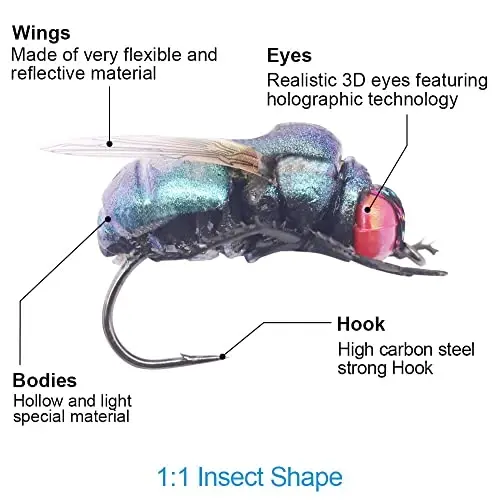 YZD Realistic Fly Fishing Dry Wet Nymph Trout Flies Topwater Lures for Freshwater Saltwater High Simulation Hand Tie Lure Kits - 5
