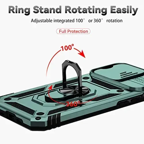 YZOK for iPhone 13 Pro Case, with Camera Lens Cover HD Screen Protector,[Military Grade] Ring Car Mount Kickstand Hybrid Hard PC Soft TPU Shockproof Protective Case for iPhone 13 Pro, Green - 5