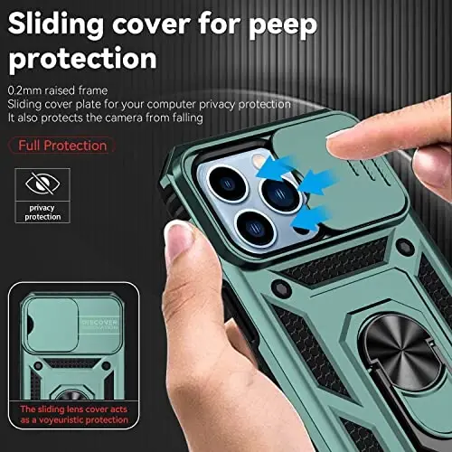 YZOK for iPhone 13 Pro Case,with Camera Lens Cover HD Screen Protector,[Military Grade] Ring Car Mount Kickstand Hybrid Hard PC Soft TPU Shockproof Protective Case for iPhone 13 Pro, Green - 4