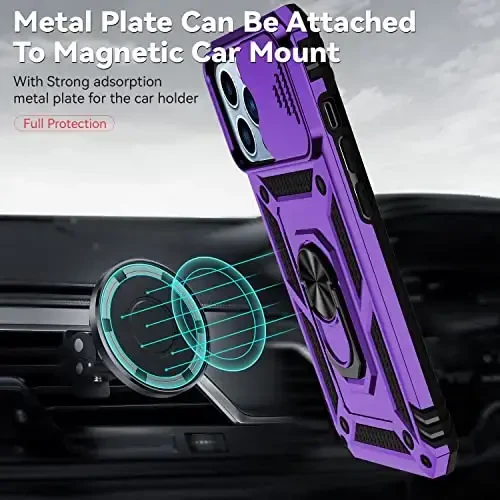 YZOK for iPhone 13 Pro Case,with Camera Lens Cover HD Screen Protector,[Military Grade] Ring Car Mount Kickstand Hybrid Hard PC Soft TPU Shockproof Protective Case for iPhone 13 Pro, Purple - 3