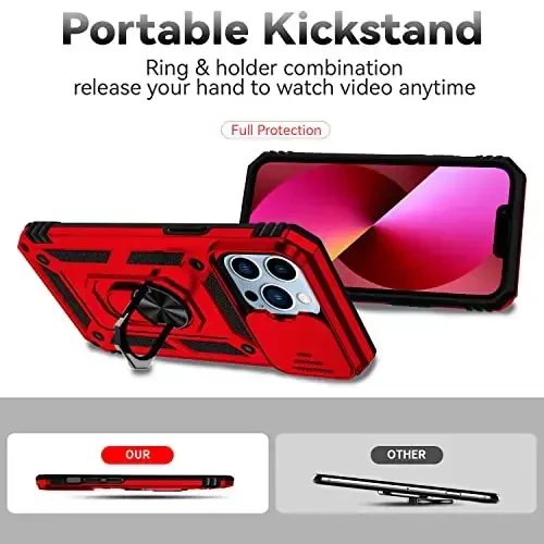 YZOK for iPhone 13 Pro Case,with Camera Lens Cover HD Screen Protector,[Military Grade] Ring Car Mount Kickstand Hybrid Hard PC Soft TPU Shockproof Protective Case for iPhone 13 Pro, Red - 6