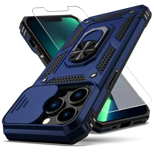 YZOK iPhone 13 Pro Case, with Camera Lens Cover HD Screen Protector, [Military Grade] Ring Car Mount Kickstand Hybrid Hard PC Soft TPU Shockproof Protective Case, Blue 