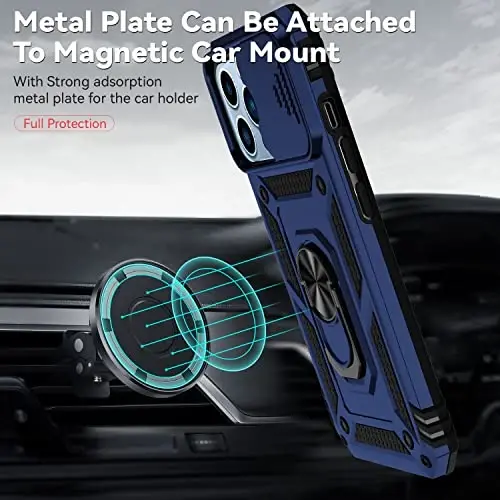 YZOK for iPhone 13 Pro Case,with Camera Lens Cover HD Screen Protector,[Military Grade] Ring Car Mount Kickstand Hybrid Hard PC Soft TPU Shockproof Protective Case for iPhone 13 Pro, Blue - 3