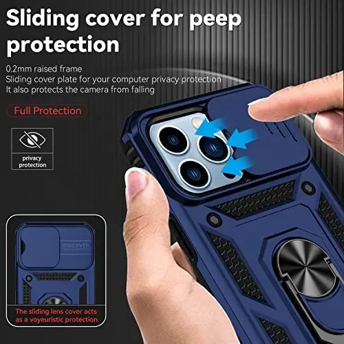 YZOK for iPhone 13 Pro Case,with Camera Lens Cover HD Screen Protector,[Military Grade] Ring Car Mount Kickstand Hybrid Hard PC Soft TPU Shockproof Protective Case for iPhone 13 Pro, Blue - 4