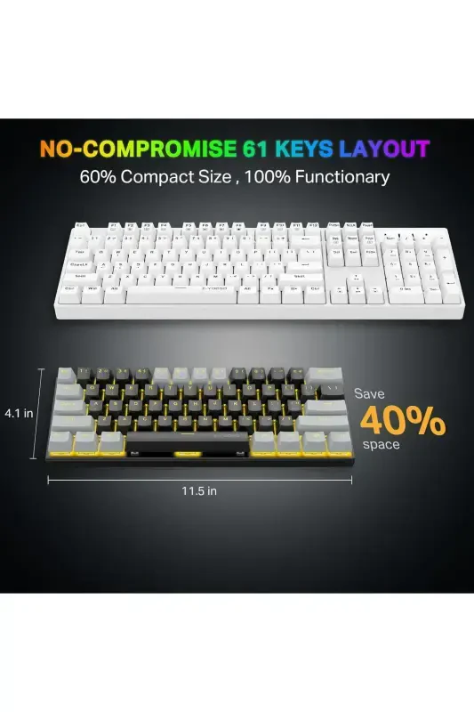 Z-11 Mini 60% Mechanical Gaming Mini Red Switch Keyboard (Black, Gray, Orange Keys) - 6