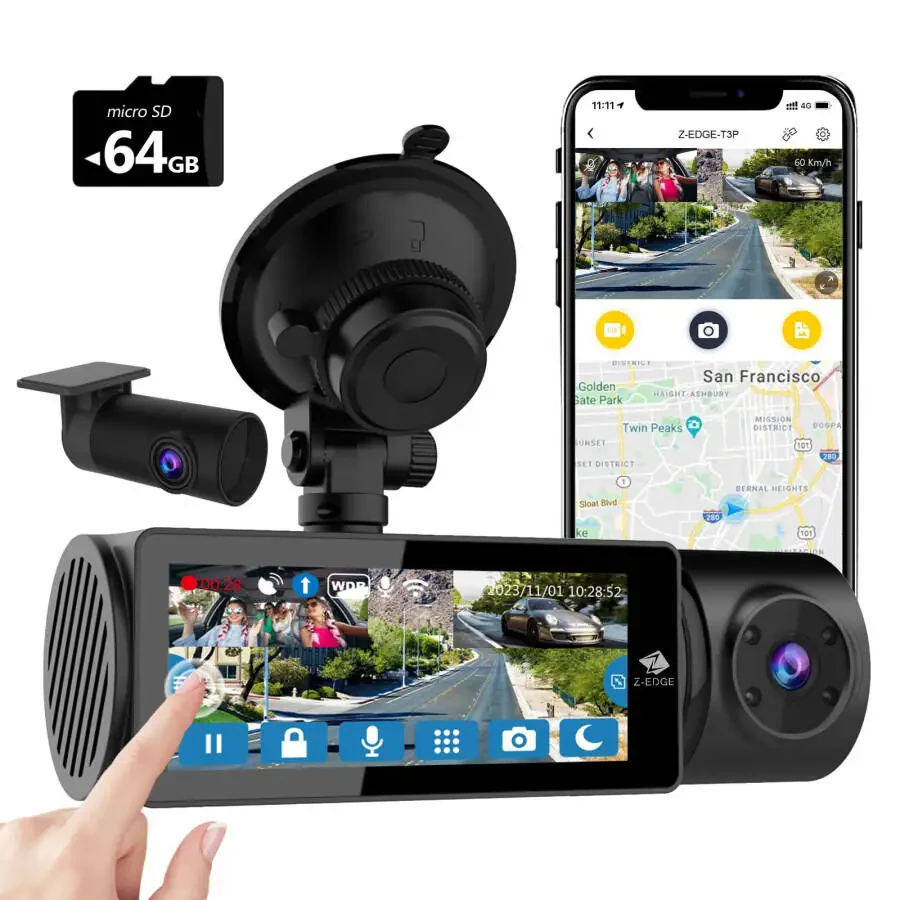 Z-Edge T3P 4K Dash Cam Front and Rear, 4K 2160P+1080P Front and Inside, 5K Front Dash Cam, 2K 1440P+1080P+1080P WiFi Car Camera, GPS, IR Night Vision, Super Capacitor, 64GB Card Included - 1