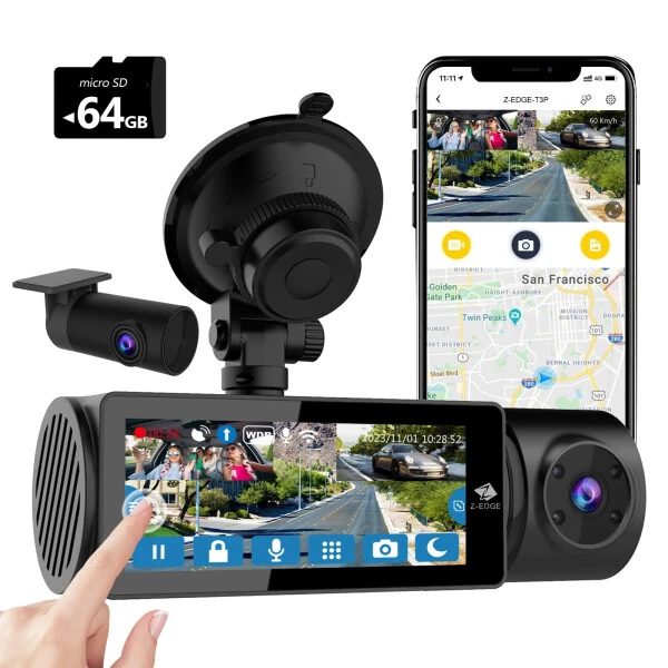 Z-Edge T3P 4K Dash Cam Front and Rear, 4K 2160P+1080P Front and Inside, 5K Front Dash Cam, 2K 1440P+1080P+1080P WiFi Car Camera, GPS, IR Night Vision, Super Capacitor, 64GB Card Included - 1