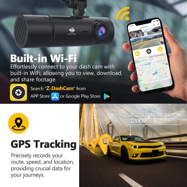Z-Edge T3P 4K Dash Cam Front and Rear, 4K 2160P+1080P Front and Inside, 5K Front Dash Cam, 2K 1440P+1080P+1080P WiFi Car Camera, GPS, IR Night Vision, Super Capacitor, 64GB Card Included - 5