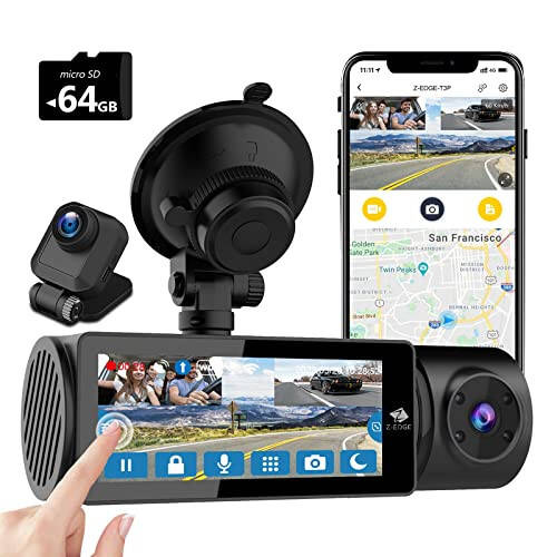 Z-Edge T3P Three Channel 4K Dash Cam Front and Rear, 4K+1080P Front and Inside, 1600P+1080P+1080P Three Way Triple Car Camera, IR Night Vision, Super Capacitor, Support 512GB Max (64GB Card Included) - 1