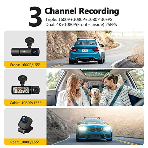 Z-Edge T3P Three Channel 4K Dash Cam Front and Rear, 4K+1080P Front and Inside, 1600P+1080P+1080P Three Way Triple Car Camera, IR Night Vision, Super Capacitor, Support 512GB Max (64GB Card Included) - 2