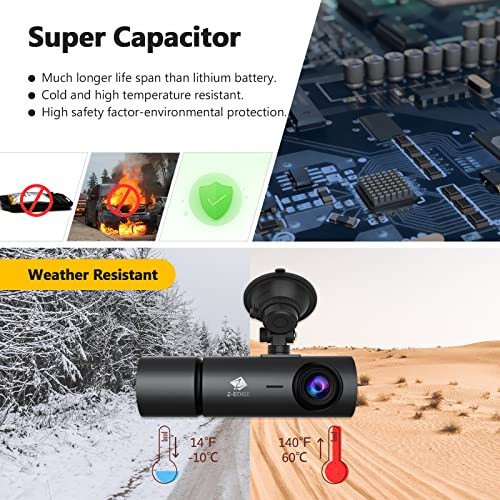 Z-Edge T3P Three Channel 4K Dash Cam Front and Rear, 4K+1080P Front and Inside, 1600P+1080P+1080P Three Way Triple Car Camera, IR Night Vision, Super Capacitor, Support 512GB Max (64GB Card Included) - 5