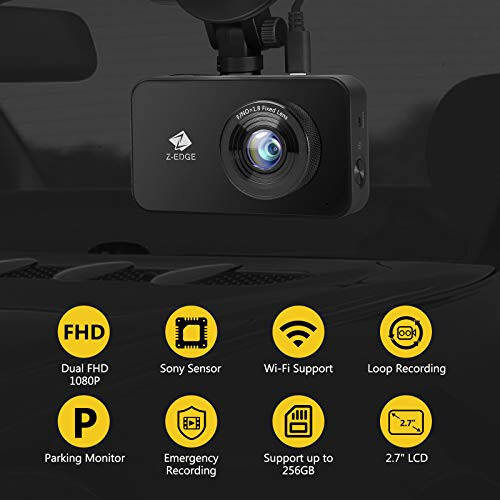 Z-Edge WiFi Dash Cam, 1920x1080P FHD, Oldingi va Orqa Dash Cam, Ikki Kamera, Avtomobil DVR, Kechasi Ko'rish, To'xtash Rejimi, G-Sensor, Aylanma Yozuv - 2