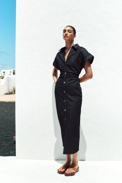 Z1975 MİDİ DENIM ELBİSE-Mavi - MODAZONE