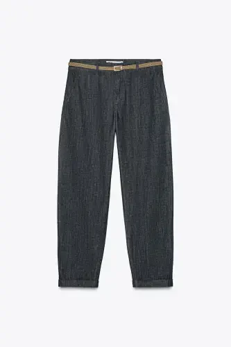 Z1975 ÖRGÜ KEMERLİ CHINO DENIM PANTOLON-Mavi - 4