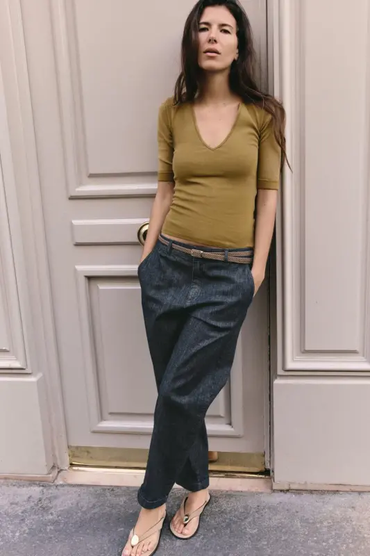 Z1975 ТРИКОТАЖНЫЕ БРЮКИ-ЧИНО ИЗ ДЕНИМА С ПОЯСОМ-Синий - ZARA