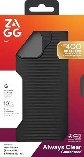 ZAGG Luxe Case iPhone 16e/ 15/14/ 13 uchun -10ft tushishdan himoya, ekologik toza, simsiz zaryadlashga mos, ingichka yengil dizayn, ishonchli ushlash uchun Ripple naqsh, qora - 2