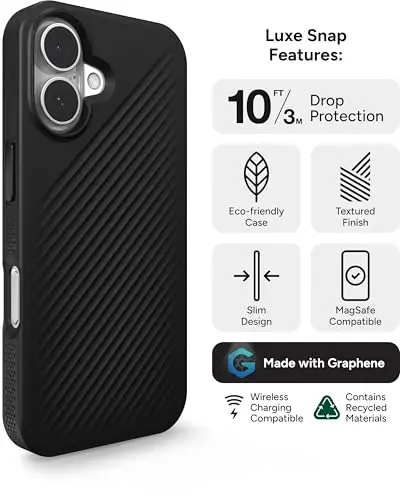 ZAGG Luxe Snap Case for iPhone 16 - MagSafe Wireless Charging, 10ft Drop Protection, Eco-Friendly, Graphene Reinforced, Ripple Design, Black - 3
