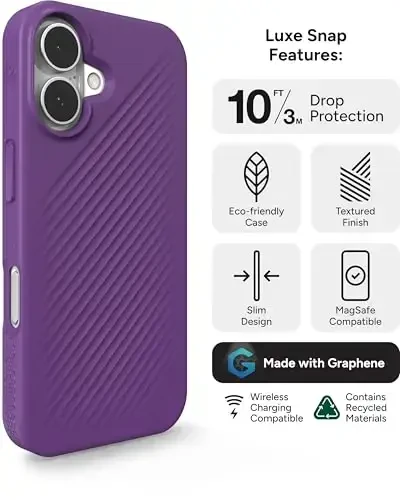 ZAGG Luxe Snap Case for iPhone 16 - MagSafe Wireless Charging, 10ft Drop Protection, Eco-Friendly, Graphene Reinforced, Ripple Design, Grape Purple - 3