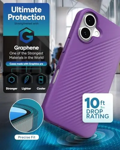 ZAGG Luxe Snap Case for iPhone 16 - MagSafe Wireless Charging, 10ft Drop Protection, Eco-Friendly, Graphene Reinforced, Ripple Design, Grape Purple - 4