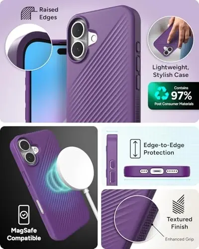 ZAGG Luxe Snap Case for iPhone 16 - MagSafe Wireless Charging, 10ft Drop Protection, Eco-Friendly, Graphene Reinforced, Ripple Design, Grape Purple - 5
