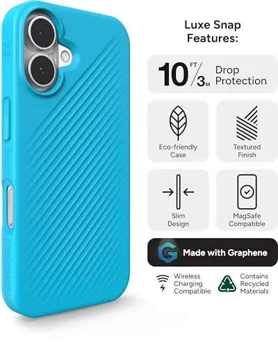 ZAGG Luxe Snap Case for iPhone 16 - MagSafe Wireless Charging, 10ft Drop Protection, Eco-Friendly, Graphene Reinforced, Ripple Design, River Blue - 3