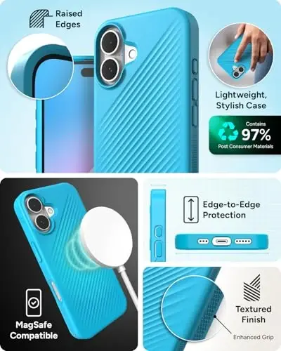 ZAGG Luxe Snap Case for iPhone 16 - MagSafe Wireless Charging, 10ft Drop Protection, Eco-Friendly, Graphene Reinforced, Ripple Design, River Blue - 5