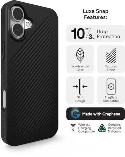 ZAGG Luxe Snap Case for iPhone 16 Plus - MagSafe Wireless Charging, 10ft Drop Protection, Eco-Friendly, Graphene Reinforced, Ripple Design, Black - 3