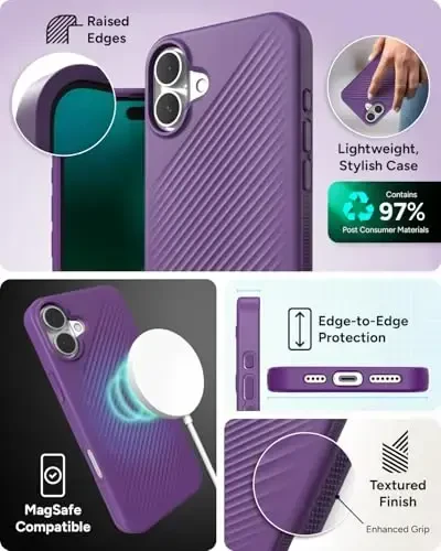 ZAGG Luxe Snap Case for iPhone 16 Plus - MagSafe Wireless Charging, 10ft Drop Protection, Eco-Friendly, Graphene Reinforced, Ripple Design, Grape Purple - 5