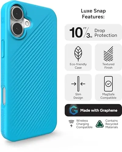 ZAGG Luxe Snap Case for iPhone 16 Plus - MagSafe Wireless Charging, 10ft Drop Protection, Eco-Friendly, Graphene Reinforced, Ripple Design, River Blue - 3