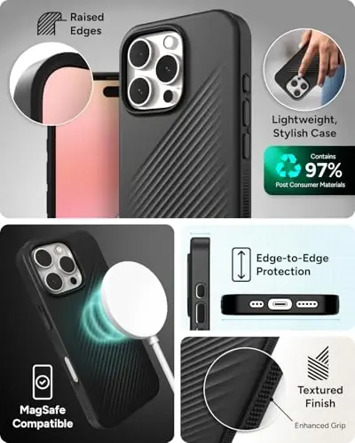 ZAGG Luxe Snap Case for iPhone 16 Pro - MagSafe Wireless Charging, 10ft Drop Protection, Eco-Friendly, Graphene Reinforced, Ripple Design, Black - 5