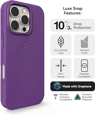 ZAGG Luxe Snap Case for iPhone 16 Pro - MagSafe Wireless Charging, 10ft Drop Protection, Eco-Friendly, Graphene Reinforced, Ripple Design, Grape Purple - 5