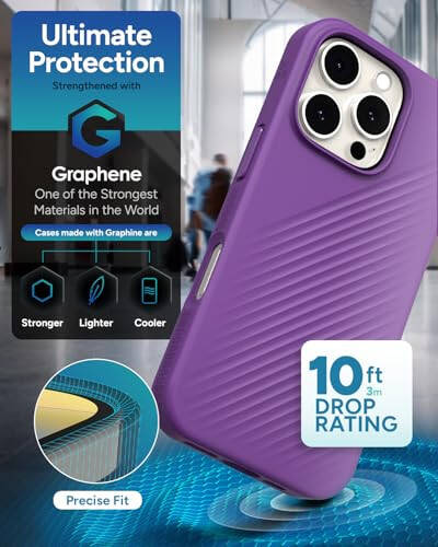 ZAGG Luxe Snap Case for iPhone 16 Pro - MagSafe Wireless Charging, 10ft Drop Protection, Eco-Friendly, Graphene Reinforced, Ripple Design, Grape Purple - 6