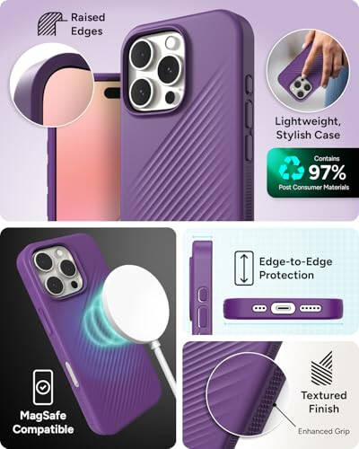 ZAGG Luxe Snap Case for iPhone 16 Pro - MagSafe Wireless Charging, 10ft Drop Protection, Eco-Friendly, Graphene Reinforced, Ripple Design, Grape Purple - 7