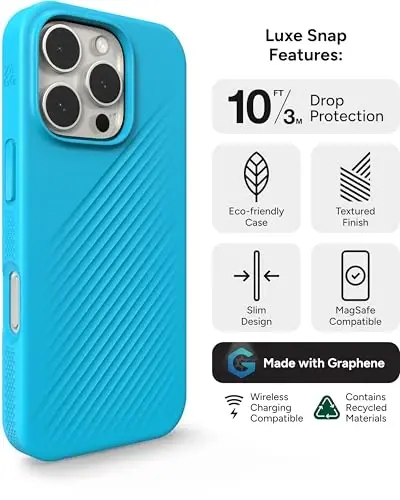 ZAGG Luxe Snap Case for iPhone 16 Pro - MagSafe Wireless Charging, 10ft Drop Protection, Eco-Friendly, Graphene Reinforced, Ripple Design, River Blue - 3