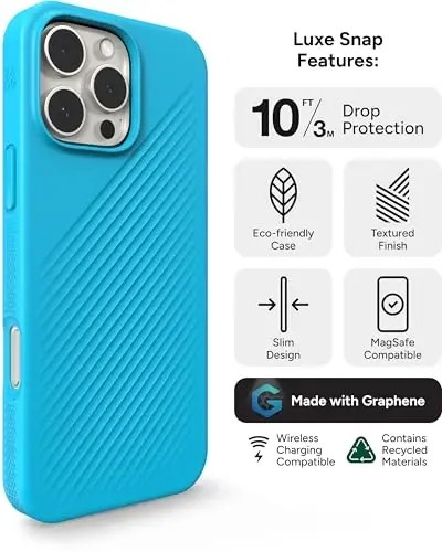 ZAGG Luxe Snap Case for iPhone 16 Pro Max - MagSafe simsiz zaryadlash, 10 futdan tushishdan himoya, ekologik toza, grafen bilan mustahkamlangan, Ripple dizayni, River Blue - 3