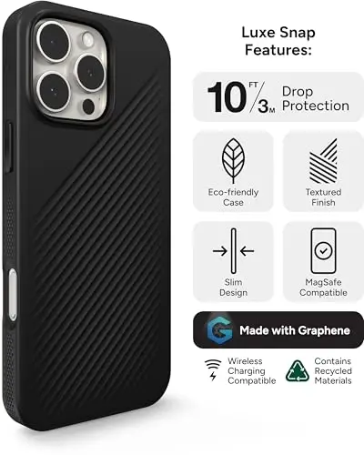 ZAGG Luxe Snap Case for iPhone 16 Pro Max - MagSafe Wireless Charging, 10ft Drop Protection, Eco-Friendly, Graphene Reinforced, Ripple Design, Black - 3