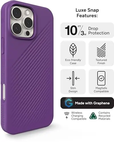 ZAGG Luxe Snap Case for iPhone 16 Pro Max - MagSafe Wireless Charging, 10ft Drop Protection, Eco-Friendly, Graphene Reinforced, Ripple Design, Grape Purple - 3