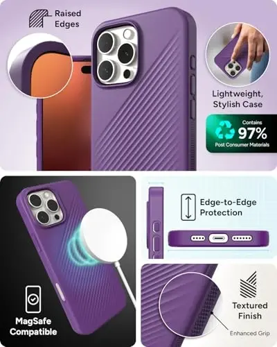 ZAGG Luxe Snap Case for iPhone 16 Pro Max - MagSafe Wireless Charging, 10ft Drop Protection, Eco-Friendly, Graphene Reinforced, Ripple Design, Grape Purple - 4