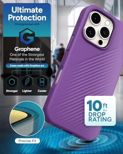 ZAGG Luxe Snap Case for iPhone 16 Pro - MagSafe Wireless Charging, 10ft Drop Protection, Eco-Friendly, Graphene Reinforced, Ripple Design, Grape Purple - 5