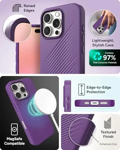 ZAGG Luxe Snap Case for iPhone 16 Pro - MagSafe Wireless Charging, 10ft Drop Protection, Eco-Friendly, Graphene Reinforced, Ripple Design, Grape Purple - 6