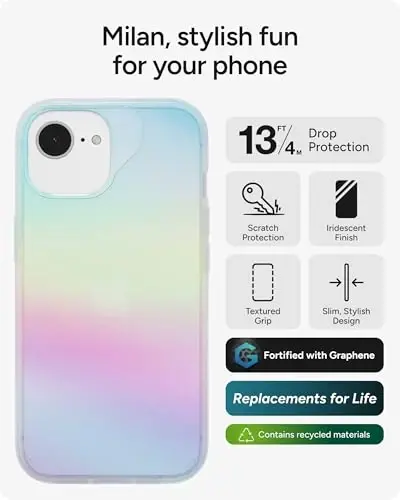 ZAGG Milan Case for iPhone 17e/ 16e/ 15/14/ 13 – 13ft Drop Protection, Graphene Strengthened, Slim & Stylish Design, Iridescent Finish, Wireless Charging Compatible, Eco-Friendly, Iridescent - 2