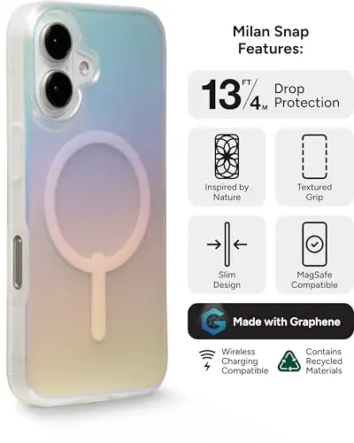 ZAGG Milan Snap Case for iPhone 16 - Color Changing Finish, MagSafe & Wireless Charging Compatible, 13ft Drop Protection, Graphene Reinforced, Eco-Friendly,Matte Iridescent - 3