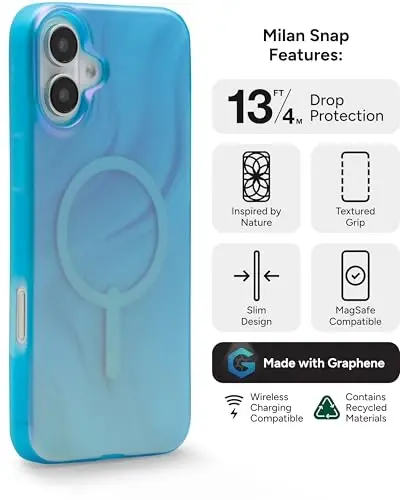 ZAGG Milan Snap Case for iPhone 16 Plus - Rang o'zgartiruvchi qoplama, MagSafe va simsiz quvvatlashga mos, 4m balandlikdan tushishdan himoya, Graphene bilan mustahkamlangan, ekologik toza, Deep Aurora - 3